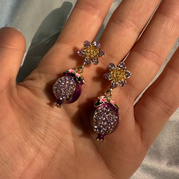 Unique Pomegranate Purple and Gold Floral Earrings - Picture 7 of 7